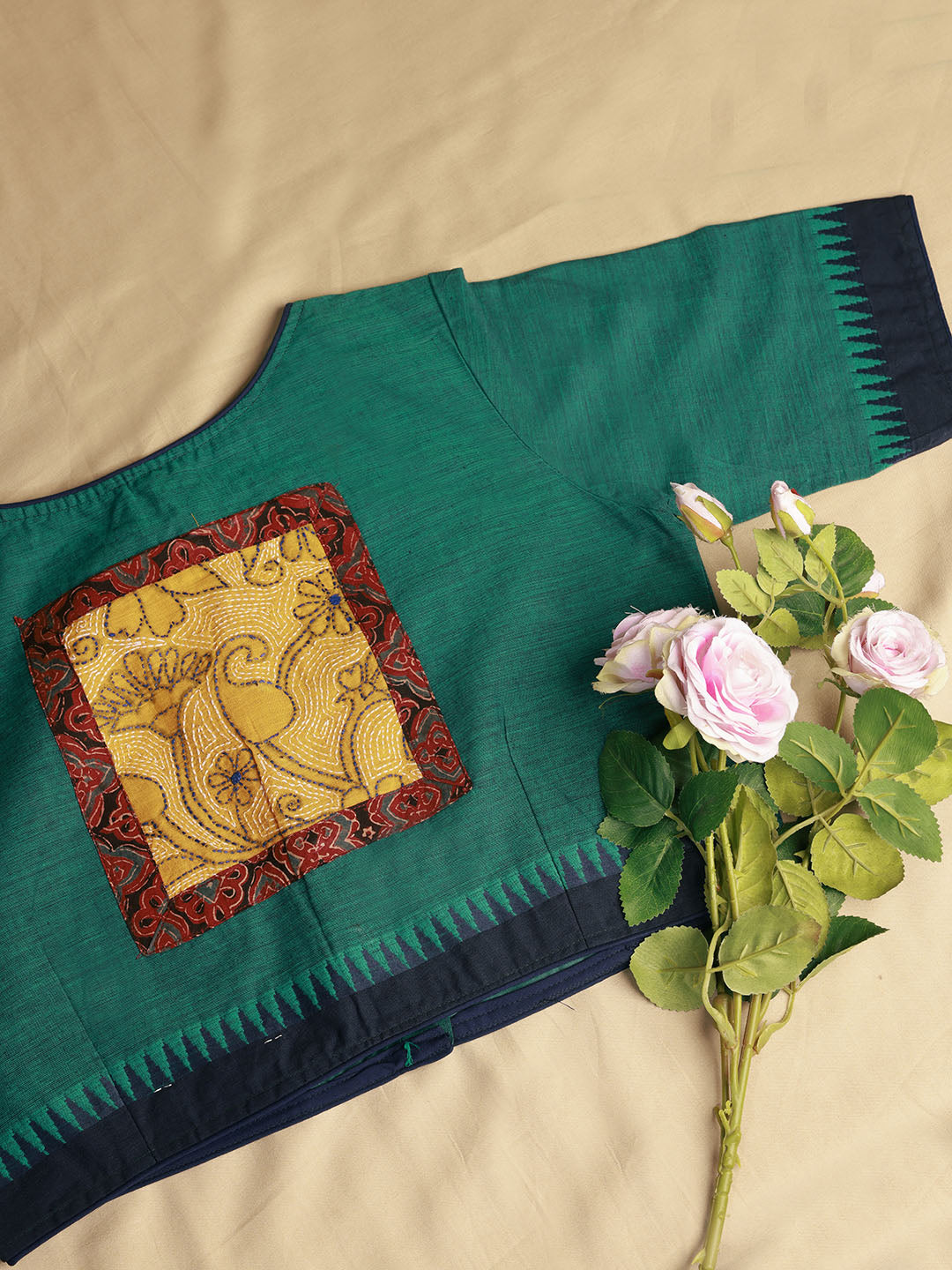 PURE KHADI COTTON, KANTHA WORK PATCH BLOUSE