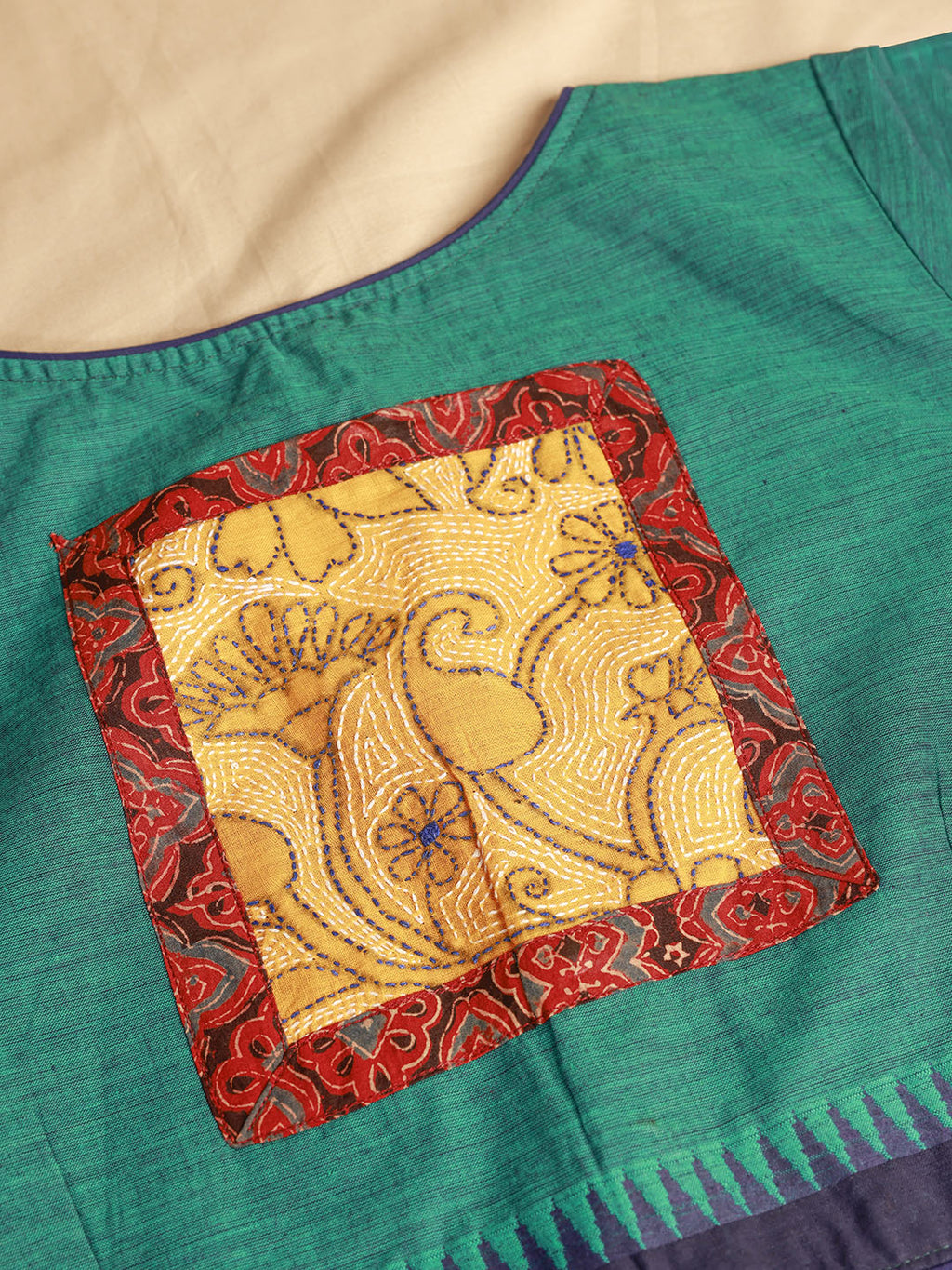 PURE KHADI COTTON, KANTHA WORK PATCH BLOUSE