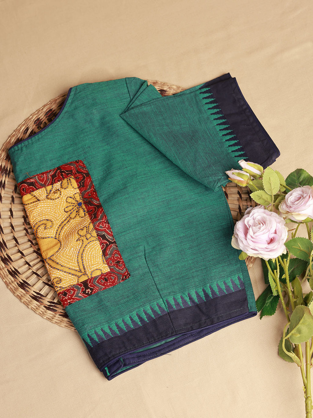 PURE KHADI COTTON, KANTHA WORK PATCH BLOUSE