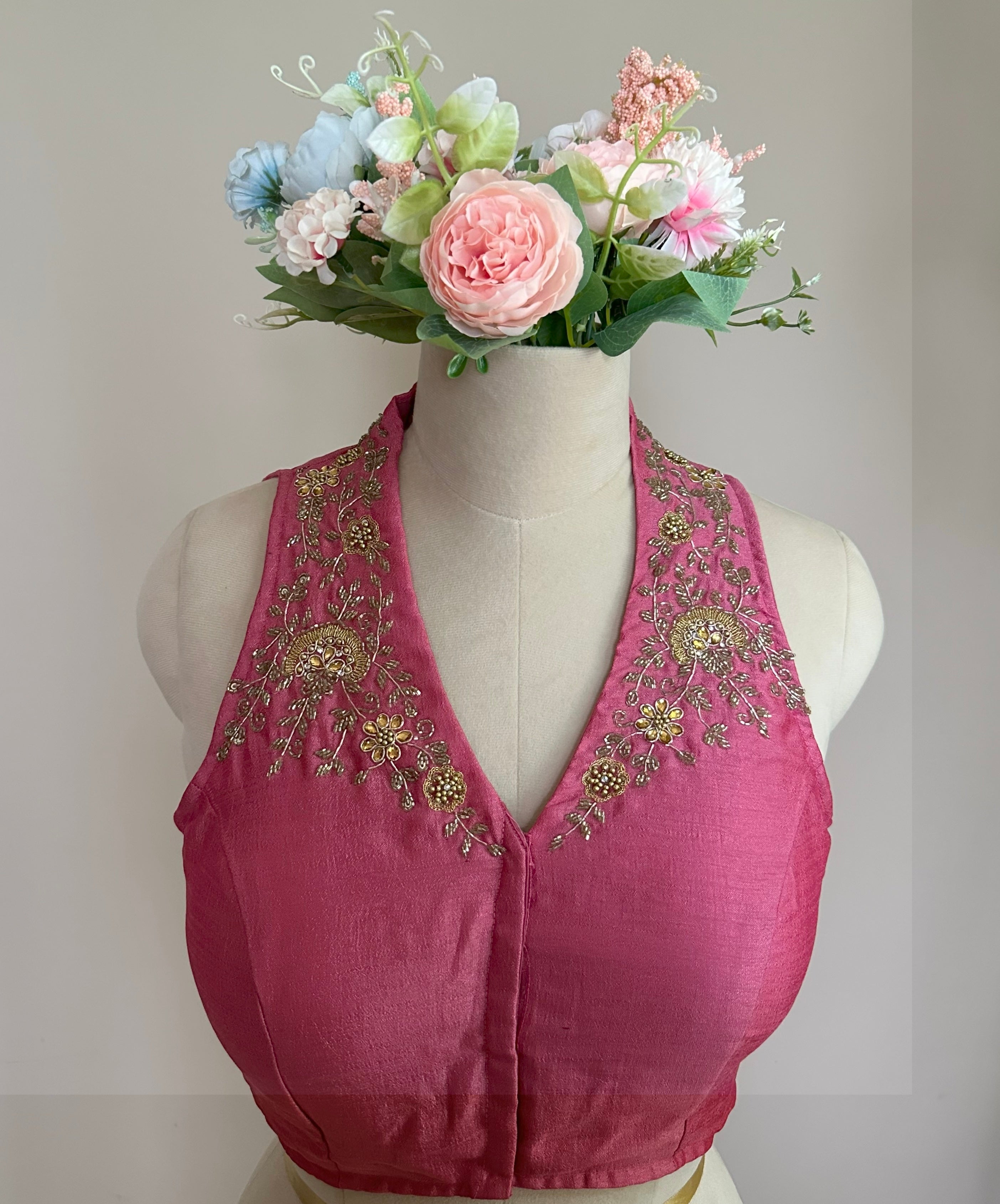 ZAREEN: VICHITHRA SILK, AARI WORKED COLLAR SLEEVELESS BLOUSE