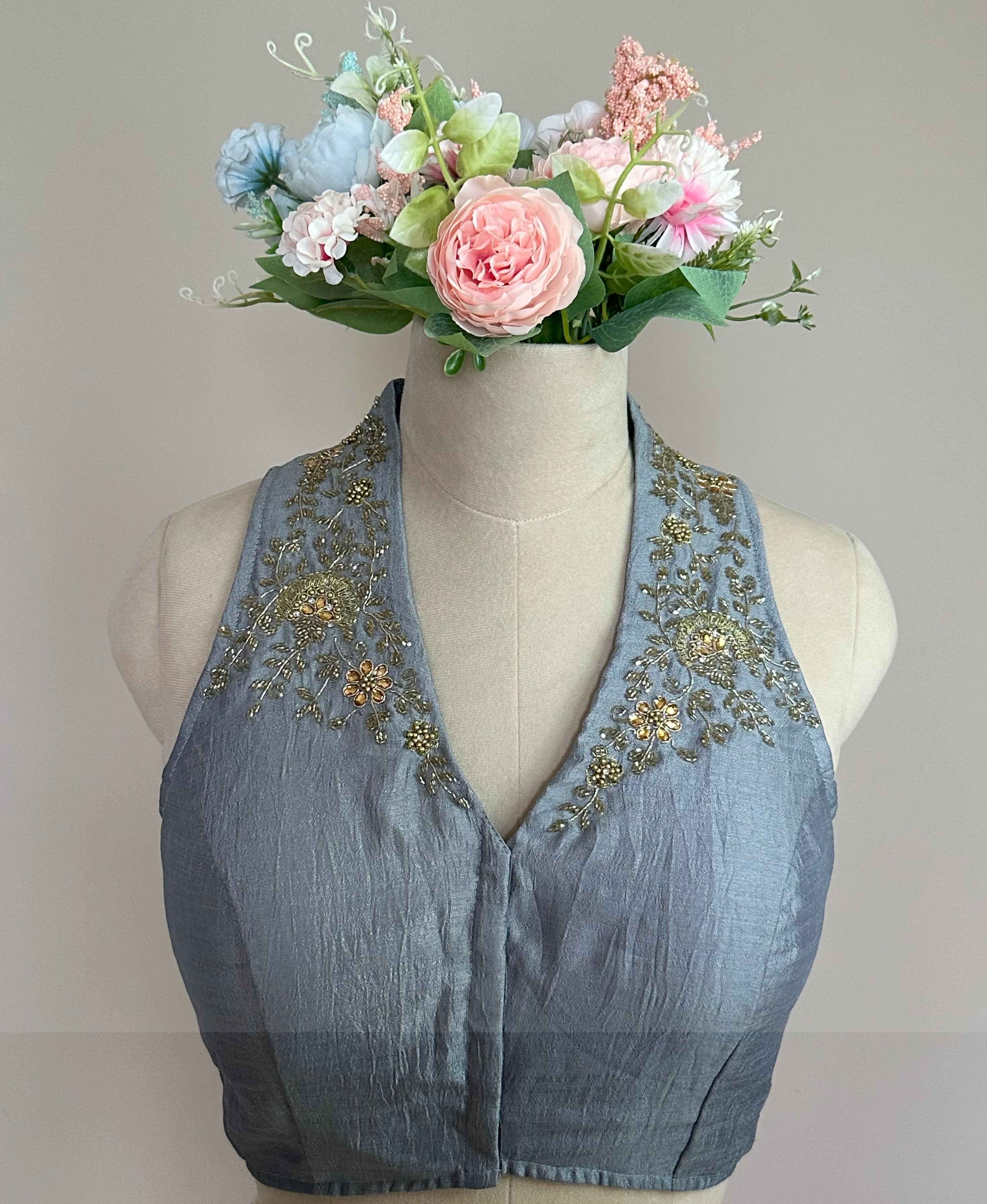 ZAREEN: VICHITHRA SILK, AARI WORKED COLLAR SLEEVELESS BLOUSE