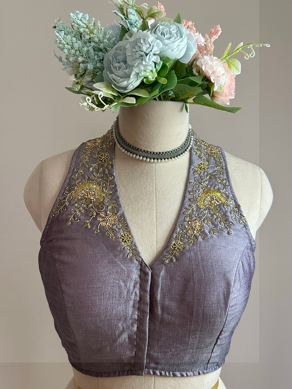 ZAREEN: VICHITHRA SILK, AARI WORKED COLLAR SLEEVELESS BLOUSE